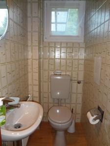 łazienka z toaletą, umywalką i oknem w obiekcie Ferienwohnung Martens w mieście Fockbek