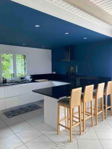 eine Küche mit blauen Wänden sowie einem Tisch und Stühlen in der Unterkunft Gite un bren de bonheur in Bren