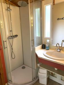 une salle de bain avec douche et lavabo dans l'établissement Chalets et Gites du Quié, aux Cabannes 54 autres photos