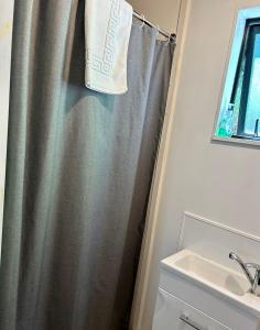 a bathroom with a shower curtain and a sink at Mystery Creek Motel in Hamilton