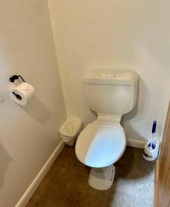 a white toilet in a bathroom with a roll of toilet paper at Mystery Creek Motel in Hamilton