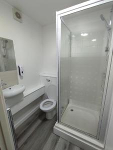 a bathroom with a toilet and a glass shower at Osney Juniper Studio - Self Contained Studio Flat in Oxford