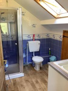 a blue tiled bathroom with a toilet and a shower at Awel Y Mor - cosy apartment. in Verwick