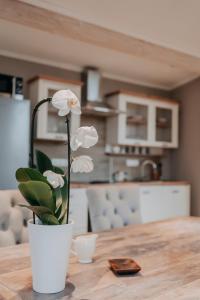 uma flor branca num vaso branco sobre uma mesa em Cottage an der Elbe Tespe Hamburg em Tespe
