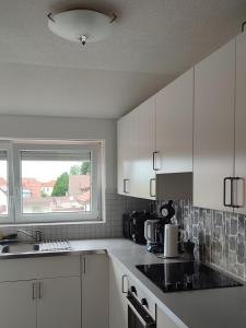 una cocina con armarios blancos y una ventana en Haus Castellblick 3, en Ballrechten
