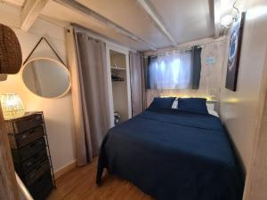ein Schlafzimmer mit einem blauen Bett und einem Spiegel in der Unterkunft Gîte Le Chalet in Gourdon