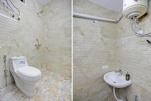 two pictures of a bathroom with a toilet and a sink at Hotel S B INN Paharganj in New Delhi