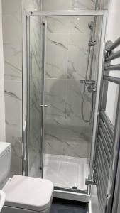 a bathroom with a shower and a toilet at Impressive Large StudioWoodford in Woodford Green