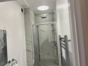 y baño con ducha y puerta de cristal. en Impressive Large StudioWoodford, en Woodford Green