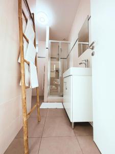 a bathroom with a ladder next to a sink and a shower at DR ROCHEPHORT CHATOU - 3 Apparts in Chatou