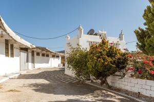 a house with a tree in front of a street at Kleris Apartment 11 Tinos in Agios Sostis