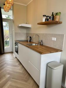 a kitchen with a sink and a counter at Amsterdam Beach Apartment 33, Private Garden in Zandvoort