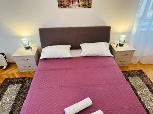 1 dormitorio con 1 cama rosa grande y 2 mesitas de noche en Apartment Matea-center of Pogdorica en Podgorica