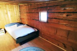 a small bed in a wooden room with a window at CHARMANTES FERIENHAUS IM DORF MULEGNS in Mühlen