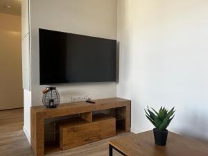 a living room with a television on a wall at Appartement de standing avec parking privé in Cherbourg en Cotentin