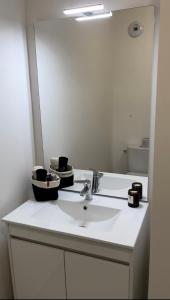 a bathroom with a white sink and a mirror at Appartement de standing avec parking privé in Cherbourg en Cotentin