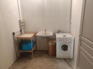 a small bathroom with a sink and a washing machine at Le Relais des Cigognes in Marlieux