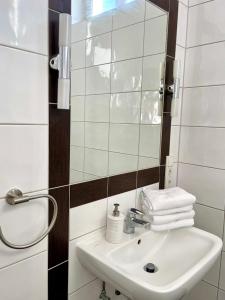 a bathroom with a sink and a mirror at Apartment Villa am Markt in Aurich