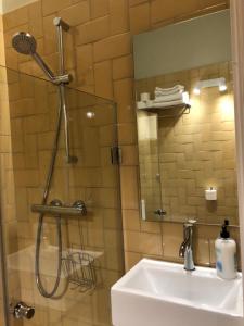 a bathroom with a shower and a sink and a mirror at Cal Mureu in Pardines