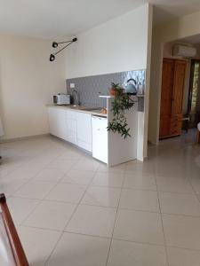 uma cozinha com armários brancos e piso em azulejo em Suite parentale Villa au bord de la mer chez Saloua em Bouéni