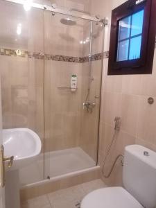een badkamer met een douche, een toilet en een wastafel bij Casa Naturaleza 2 in Caleta De Fuste