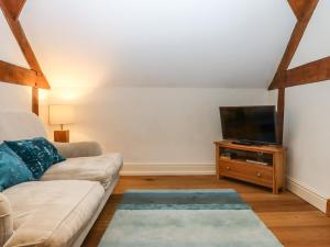 a living room with a couch and a tv at The Acorn Barn in Exeter