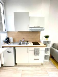 uma pequena cozinha com armários brancos e um lavatório em Congrès Résidence em Nice