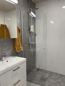a bathroom with a shower and a sink and a mirror at Spacious loft apartment with Lake Näsijärvi views in Tampere
