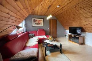 a living room with a red couch and a tv at Ferienhaus-Hellmich in Scheibe-Alsbach