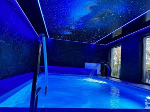 ein blaues Zimmer mit einem Pool mit Sternendecke in der Unterkunft Na Jeziornej Domki Wypoczynkowe in Żarnowska