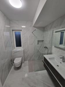 a bathroom with a shower and a toilet and a sink at Apartments Filipo in Trogir