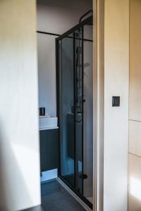 a shower in a bathroom with a glass door at White House Hideaway in Brockhampton