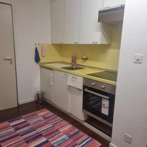 Una cocina con gabinetes blancos, un fregadero y una estufa. en Luzern See, en Lucerna