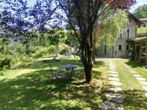 een picknicktafel naast een boom in een tuin bij Casale La Selva Cottege grande in Piano Porlezza