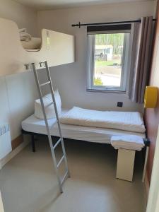 ein Etagenbett und eine Leiter in einem Zimmer mit Fenster in der Unterkunft Ferienpark Auf dem Simpel - Heide-Lodge barrierefrei in Soltau