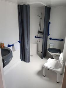 a small bathroom with a toilet and a sink at Ferienpark Auf dem Simpel - Heide-Lodge barrierefrei in Soltau