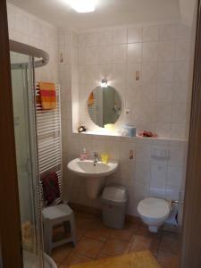 ein Badezimmer mit einem Waschbecken, einem WC und einem Spiegel in der Unterkunft Ferienpark Auf dem Simpel - Dreibettzimmer in Soltau