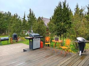 - un barbecue, une table et des chaises sur une terrasse dans l'établissement Romantiline ja privaatne talu Pädaste lahe ääres, à Pädaste