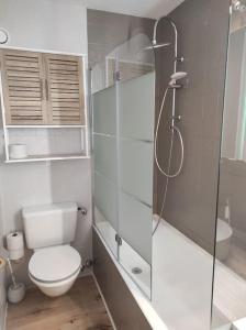 W łazience znajduje się toaleta i przeszklony prysznic. w obiekcie Petit paradis cocooning avec balcon à Torgon w mieście Vionnaz