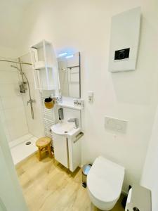 a white bathroom with a toilet and a sink at Studio 229 in Dortmund