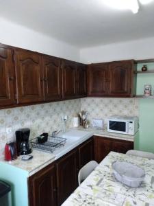 a kitchen with wooden cabinets and a white refrigerator at Spacieuse villa avec jardin a deux pas du centre in Aups