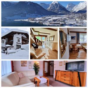 a collage of photos of a living room with mountains at Appartements Alpenland Pertisau in Pertisau