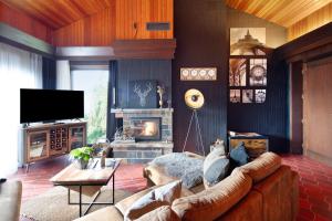 a living room with a couch and a fireplace at Ferienhaus Auszeyt für Zwei in Waldeck