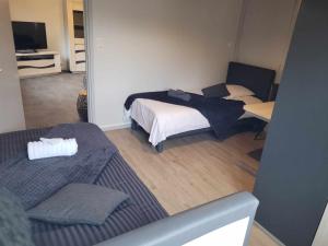 Habitación pequeña con 2 camas y TV. en Appart6 Pers garage centre à 500m, en La Bresse