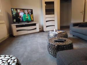 sala de estar con sofá y TV en Appart6 Pers garage centre à 500m, en La Bresse