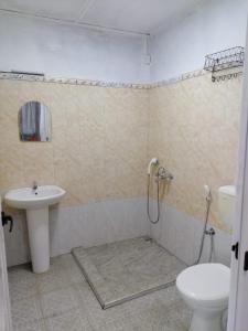 a bathroom with a shower and a toilet and a sink at Kestrel Appartment in Grand-Baie