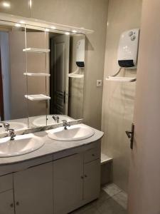 a bathroom with two sinks and a large mirror at Appartement Les Bons Vivants au coeur de Perrigny in Perrigny-sur-Loire