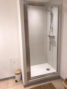 eine Dusche mit Glastür im Bad in der Unterkunft Appartement centre village rénové, 6 personnes, 2 chambres - CL2D in Beaufort