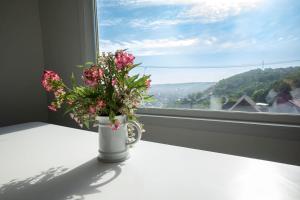 匹兹堡The Peak Mt Washington - Large 2bd Apt w A View的窗台上装有粉红色花朵的花瓶