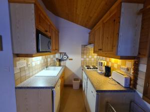 uma pequena cozinha com armários de madeira e um lavatório em Appartement pied des pistes, 6 personnes, 2 chambres - GRAN11 em Beaufort